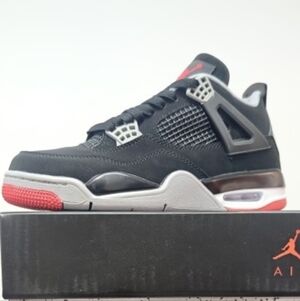 New With Box Men's Air 4 Jordan Bred (Black Fire Red Cement Grey)
